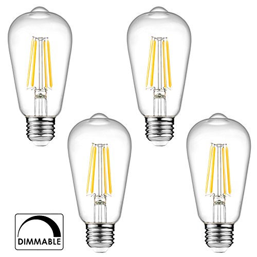 Ascher E26 LED Light Bulbs, Dimmable, 6W, Equivalent 60W, 800lm, Warm White 2700K, ST58 Edison Bulb, Vintage Filament Clear Glass, Pack of 4