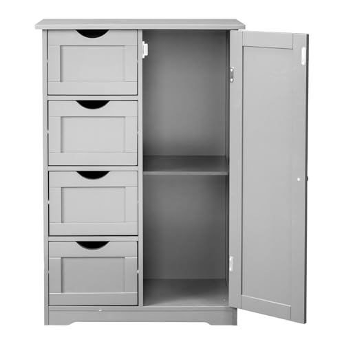 Image of Vasitelan Bathroom Wooden Floor Cabinet, Side Storage Organizer with 4 Drawers and 1 Cupboard, Freestanding Entryway Storage Unit Console Table,22 inch W x 11.8 inch D x 31.5 inch H (Gray)