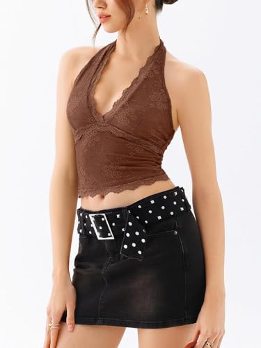 Women Sexy Cropped Halterneck Lace Top Sleeveless Backless V-Neck Lace Trim Crop Top Slim Fit Summer Tanks4