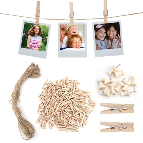 Mini Wooden Pegs, 150pcs Photo Clips for Card Hangers, Small Pegs and 10M Jute String for Picture Hanging, Wall Display, Craft, Weddings, Party