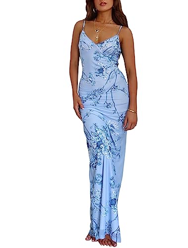Image of ABINGOO Women Vintage Spaghetti Strap Maxi Dress Sexy Low Cut Backless Floral Satin Slip Long Dress Y2k Cami Bodycon Dresses