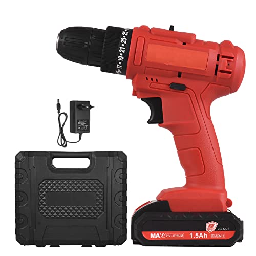 21 V tragbare Akku-Bohrmaschine 3/8-Zoll-Futter Handbohrmaschine Schraubendreher mit 1,5-Ah-Akku Schnellladegerät, LED…