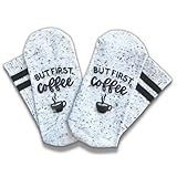 Boutique Coffee Crew Socks for Women - Soft Fuzzy Grip Soles - Funny Novelty Wife or Girl Birthday Gift or Mom Christmas Present Stocking Stuffer - Coffee Gifts for Women - But First Coffee - White