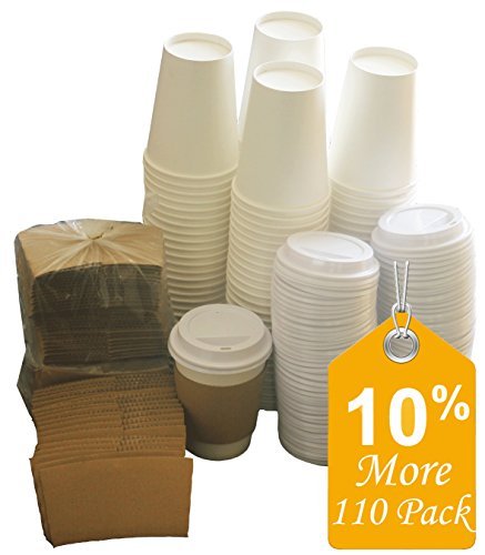 Sugarman Creations Paper Coffee Hot Cups with Lids and Sleeves, 12-Ounce White (110-Pieces)