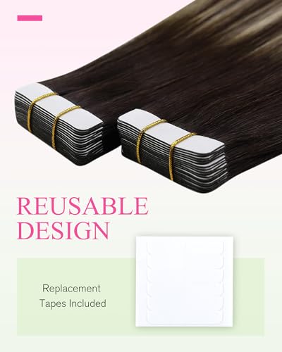 Image of YoungSee Dark Brown Tape in Hair Extensions, Balayage Tape Hair Extensions Real Human Hair, Dark Brown Roots Ombre Ash Blonde, Hair Extension Tape in Ombre, for Short Hair, 12 Inch 20pcs 30g