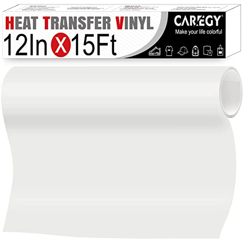 HTV Iron on Vinyl 12 inch x15 Feet Roll by CAREGY Easy to Cut & Weed Iron on Heat Transfer Vinyl DIY Heat Press Design for T-Shirts Glossy White