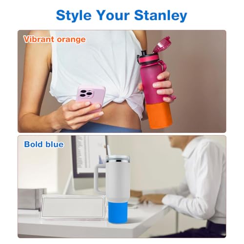 Image of HASTHIP Compatible with Stanley Silicone Cup Bottom Sleeve Holder for 8 cm Dia Drink Cup, Anti-Slip Bottom Base with Center Open Cut Design, 2 Pcs Blue & Orange Protective Silicone Accessory