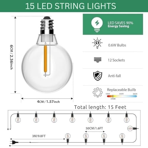 Image of One94Store G40 Globe String Lights | 15 Ft Outdoor String Light with 15 Edison Bulbs | Waterproof Warm White Decorative Lights for Balcony, Backyard, Porch, Garden & Home Decor