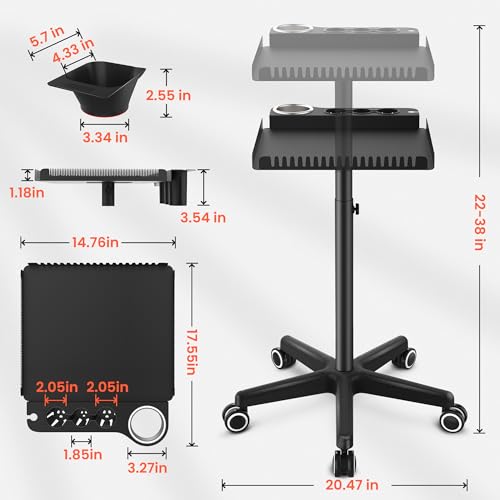 TASALON-Rolling-Salon-Tray-on-Wheels-Metal-Hairstylist-Tray-Rolling-Cart-for-Hair-Salon-Station-with-2-Magnetic-Hair-Color-Bowls-Salon-Trolley-Cart-with-Holder-and-Hair-Separator-Stand