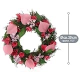 COM-FOUR® Wieniec na drzwi wiosenny z drewnianymi kwiatami i liscmi - Wieniec dekoracyjny na stól - Dekoracja wienca z zawieszka - Srednica ok. 30 cm