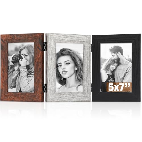 Image of Qunclay 5x7 Inch 3 Picture Frame, Hinged Trifold Tabletop Display