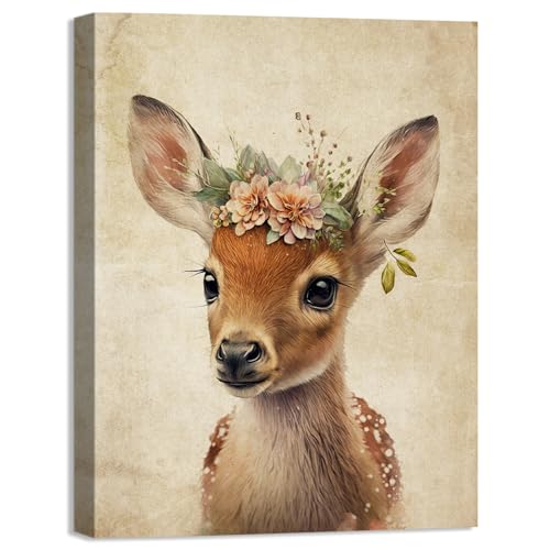 Image of Nursery Canvas Wall Art Cute Sika Deer Wearing a Wreath Prints on Canvas Wall Decoration Jungle Nursery Animal Print Picture for Bedroom Bathroom and Kitchen Strench and Framed, Ready to Hang