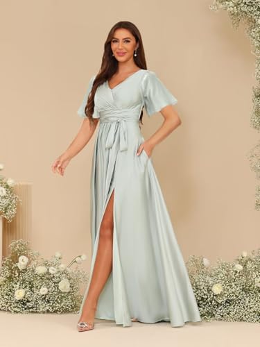 Short Sleeve Satin Bridesmaid Dresses for Women V-Neck Floor Length Formal Dresses with Slit LOK0014