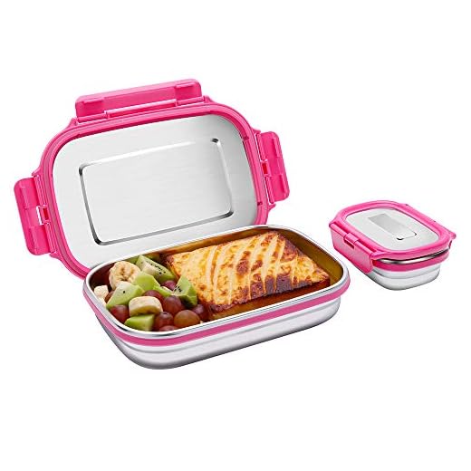 Lunchlådesats i Rostfritt Stål, Läckagesäker Bento-låda med Liten Mellanmålskruka för Barn och Vuxna, 2-delad Matlåda Matbehållare för Smörgå Sallader (Rosa, 950 ml + 180 ml)