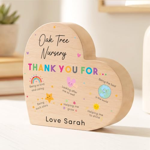 Beecreative Personalised Nursery Thank You Gift - Custom Beech Wood Heart - Pre School Leaving Presents - With Grey Gift Bag - Image 2