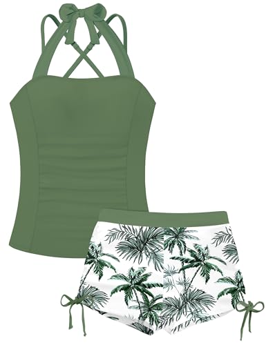 Image of Girls Swimsuit 2 Piece Halterneck Tankinis with Back Cross Straps Drawstring Shorts Girls Bathing Suit for Teens 9-18Y