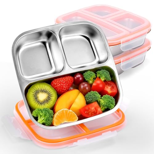 Palksky Stainless Steel Toddler Plates with Lids - 3-Pack Divided Baby Plates for portion control