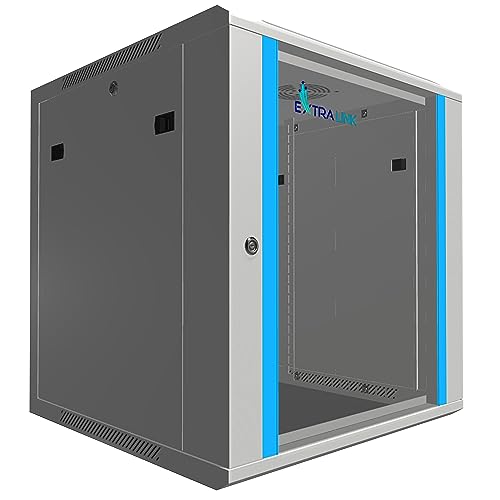 Extralink Armario Rack de 19' 12U - Armario de Red de 600mm, para Montaje en Pared o Suelo, hasta 60 kg, Puerta de Cristal Templado, Apertura de 180° Gris - para Red doméstica y Equipos informáticos