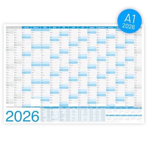 Wandkalender 2026 · DIN A1 (84,1 cm x 59,4 cm) · mit Monatsübersicht für 15 Monate, Jahreskalender für Büro, Zuhause, Jahresplaner, Monatsplaner, Familienkalender · gefaltet (blau)