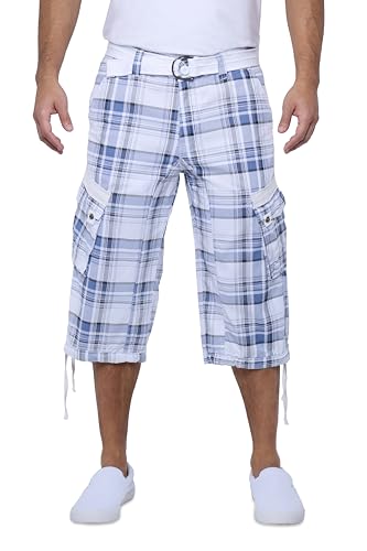 X RAY Men's Belted Long Cargo Shorts for Men, Below Knee Length Mens Cargo Shorts, 3/4 Pants (Big and Tall Shorts for Men), Plaid Blue/White, 48