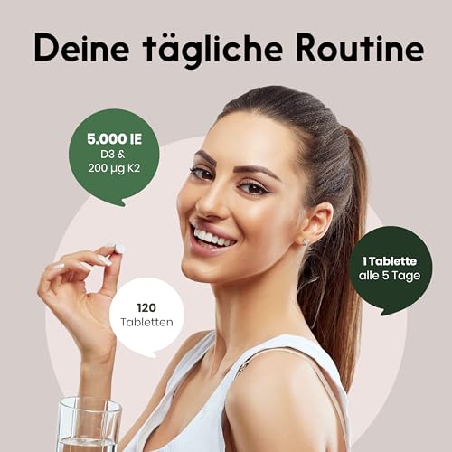 Vitamin D3 K2 hochdosiert – 120 Tabletten mit 5000 IE D3 & 200 µg K2 – 99,7+% All-Trans K2-MK7 - Vitamin D - produziert in Deutschland - Verpackung kann variieren