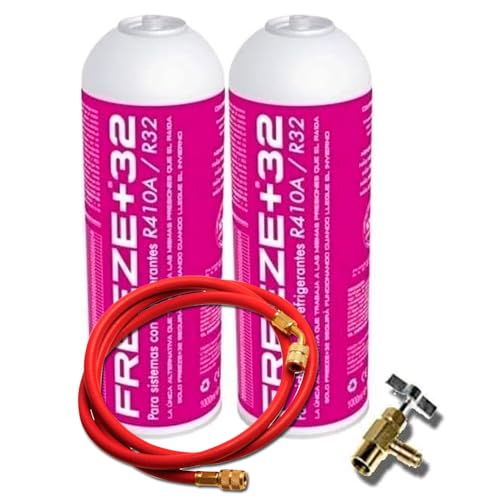 Genérico 2 Botellas Gas Refrigerante Freeze Organico +32 350Gr + Valvula Sustituto R32, R410A. + Manguera de Carga