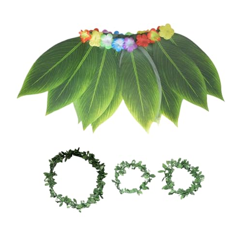Hawaiian Costume Women, Tropical Outfit Set with Leaf Dress, Breathable Realistic Headband Wristband, Perfect for Summer Festival, Resort Wear, Vacation, Graduation, Photo Props, 36x14cm Green