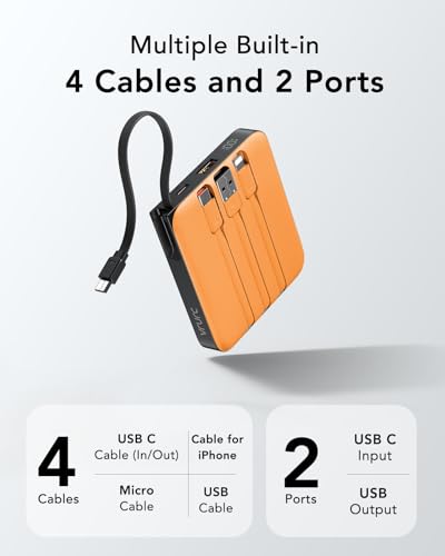 Image of Portable Charger USB C for iPhone, 10000mAh Power Bank with Built-in Cables | 22.5W Fast Charging, LED Display, Slim, for iPhone 17 Pro Max & 16 /15 Series (Orange)