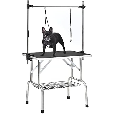 Dog Grooming Table 36" Portable Dog Trimming Table Collapsible Pet Grooming Table Height Adjustable with Double Nooses Pet Bathing Station Drying Table with Mesh Tray, Maximum Capacity Up to 330Lbs Cover
