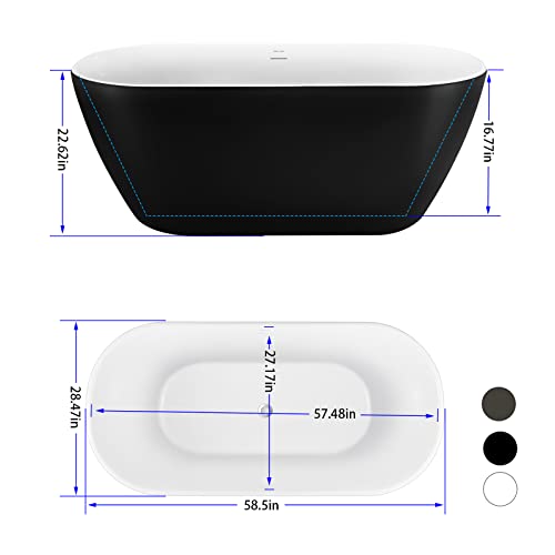 Image of 59 inch Acrylic Freestanding Bathtub, Double Ended Free Standing Tub, Soaking Tub with Integrated Slotted Overflow, Toe-Tap Chrome Drain, cUPC Certified, Matte Black