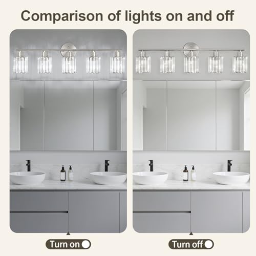 Image of Modern Brushed Nickel Crystal Bathroom Light Fixtures,5-Light | Bathroom Lighting Fixtures over Mirror,Vanity Lights for Mirror, Restroom(Ceramic E26 Socket,Bulbs Not Include)