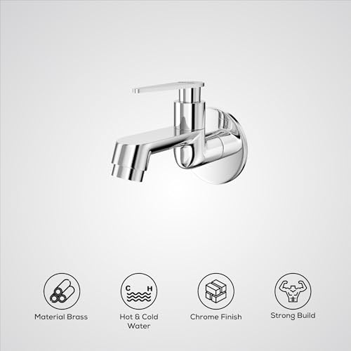 Image of GLOXY Premium Brass Bib Cocke Short Body with Chrome Finish - Short Body Wash Basin Tap Nano Lever with Wall Flange - Bib Cock Tap for Kitchen Sink, Bathrooms, Gardens - 10 Years Warranty