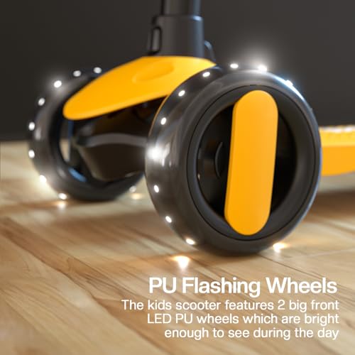 Image of Baybee Alpha Kick Scooter for Kids, Smart 3 Wheel Kids Scooter with 4 Height Adjustable Handle, Runner Scooters with Led PU Wheels & Brake, Skate Scooters for Kid 3 to 10 Years Boys Girls (Yellow)