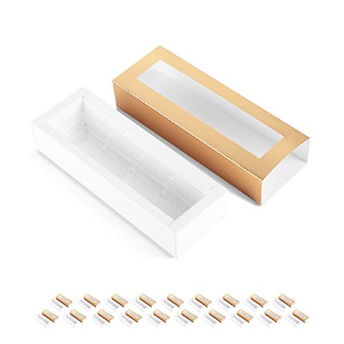 BAKIPACK 20 Valentine's Day Truffle Boxes, Chocolate Boxes, Candy Boxes Packaging with 4-Piece Plastics Tray (Tray Size with 5.75x1.25 Inches), Pull Out Packing with Clear Window Sleeves, Gold