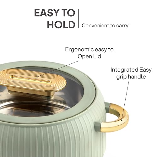 Image of CELLO Castella Deluxe Insulated Steel Casserole Case Set of 3 Pcs, Green (1000ml, 1500ml, 2500ml) | Airtight See Through Lid, Hot Pot Box Keeps Food Hot & Warm, Casserole Set for Roti Chapati Rice