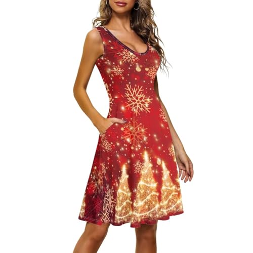 Image of Women Stylish Tank Dresses Sleeveless Round Neck Midi Casual Dress with Pocket for Summer
