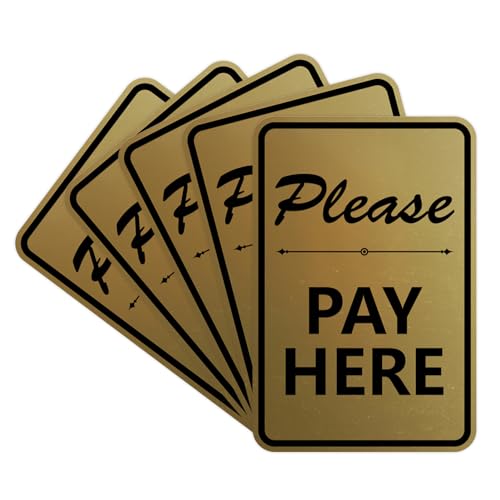Portrait Round Please Pay Here Sign with Adhesive Tape, Mounts On Any Flat Surface (Brushed Gold) - Medium (5 Pack)