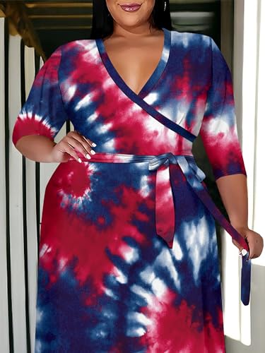 Image of SUZONANA Plus Size Maxi Dresses for Curcy Women Casual Loose 3 /4 Sleeve Long Dress with Belt