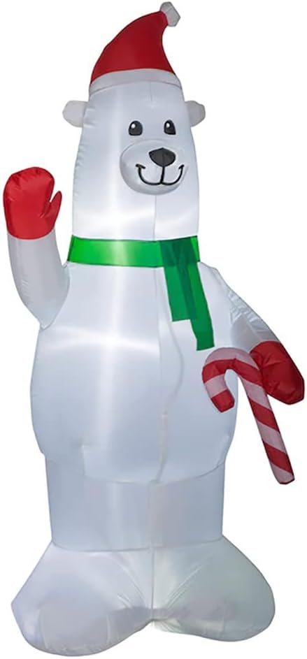 7' Gemmy Airblown Inflatable Christmas Polar Bear Wearing Santa Hat Holding A Candy Cane