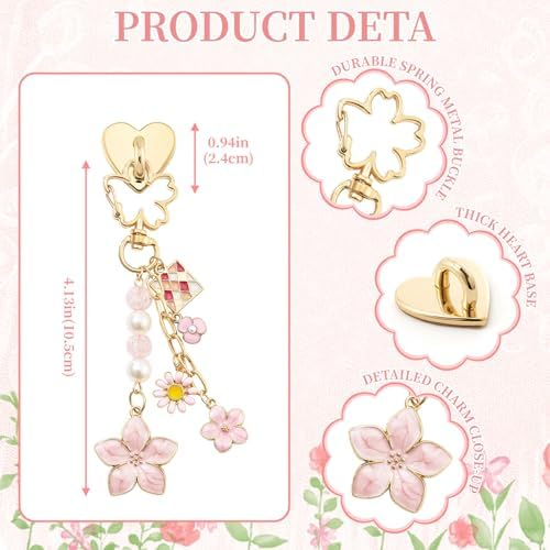 WOZEAH Charm Chains for Kindle, Cute E-Reader & Phone Charm Bracelet Accessories for Readers and Booklovers, Charms Compatible for Paper White/Phone/Bag Decor(Pink Cherry Blossoms) - 1