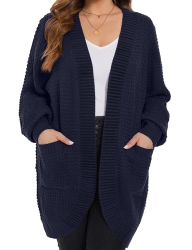 Image of MONNURO Womens Plus Size Open Front Cardigan Waffle Knit Long Sleeve Sweaters Tops Fall Coat Outerwear with Pockets