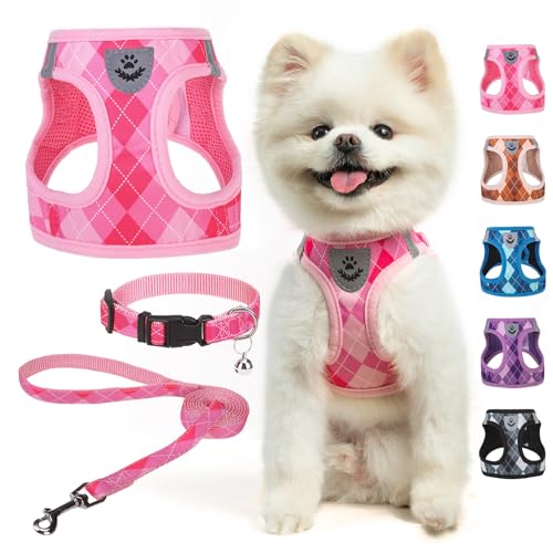 SCENEREAL Small Dog Harness and Leash Collar Set, Step in No Pull Soft Mesh Dog Harnesses for Small Medium Sized Dogs Puppy and Cats Outdoor Walking, No Chock Reflective Vest Harness, Pink Plaid S