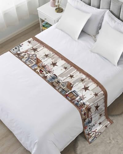 Bed Runner Farm Star Barn Bedding Scarves Soft Decorative Bed Flag Red Berry Wood Grain Bed Runners for King Size Bed Home Hotel Bedroom Decorations Bed Throws for Foot of Bed Scarf Protector 20x94
