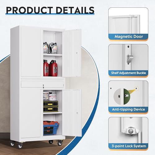 DEVAISE Metal Storage Cabinet with Wheels, White Garage Storage Cabinet, 71" Rolling Tool Cabinet with Lock and Adjustable Shelves, 4 Door Tool Cabinet for Basement, Pantry, Warehouse and Office - Image 6