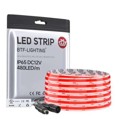 Image of BTF-LIGHTING FCOB IP65 Waterproof Red Color COB LED Strip 16.4FT DC12V 480LED /m 8mm Width Flexible High Density CRI 90+ Dimmable LED Light for Home Indoor Decor(No Controller or Adapter)