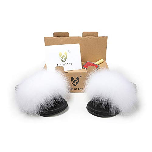 Fur Story Women's Fox Fur Slides Furry Slide for Outdoor Fluffy Sandals Open Toe Fur Slippers (White, 8.5) - Thumbnail 3