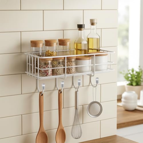 Frenchware Self Adhesive Kitchen Shelf, Drill-Free Metal Wall Rack with 7-Layer White Powder Coated Matte Finish, Magic ...