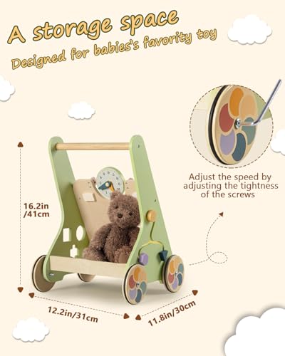Wooden Baby Walker with Wheels, Push Walker for Baby Boy 12 Months, Baby Activity Center Sit to Stand Walker Small Size