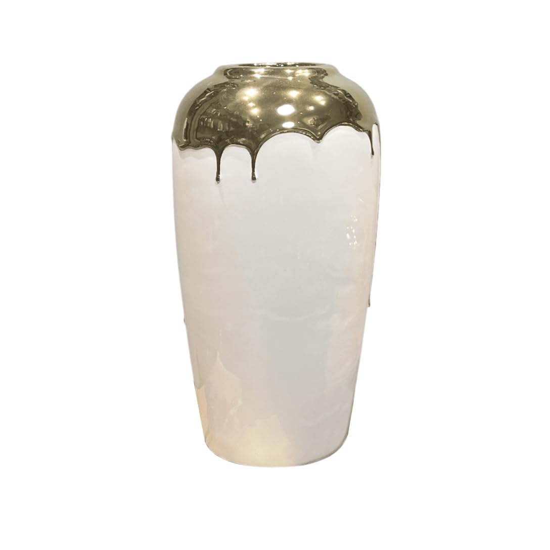 Rowen Homes White, Gold Vellore Gold & White Drip Effect Decorative Vase (26X14cm) - Ceramic Statement Piece For Flowers Or Fake Plant, Modern Home Decor For Living Room - Luxury Interiors By (Medium)
