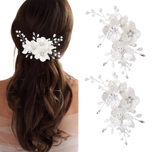 BKEPDY Set di 2 Accessori Capelli Sposa Fermagli con Fiori e Perle Copricapo Elegante per Spose Damigelle Donne e Bambine (Bianco)